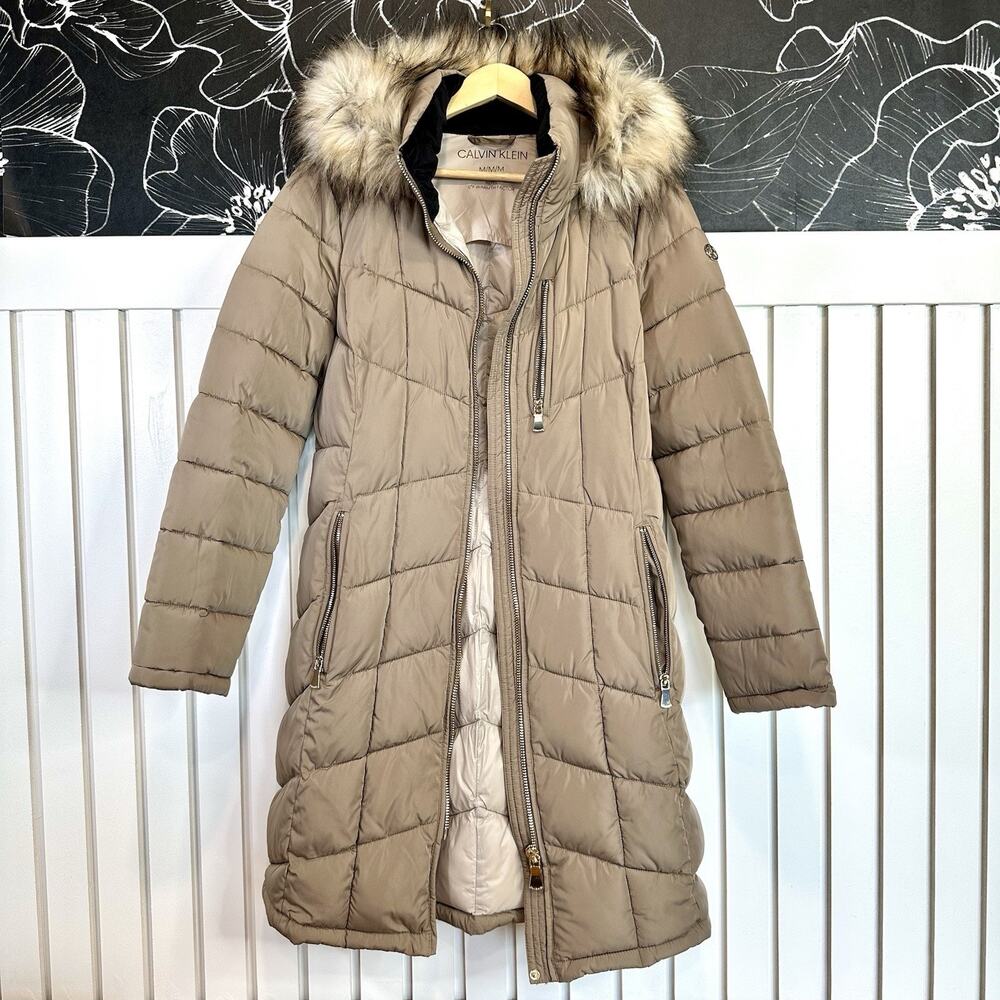 Calvin Klein Women M Fawn Long Puffer Coat Faux Fur Hood REPEL 0°F Winter Parka